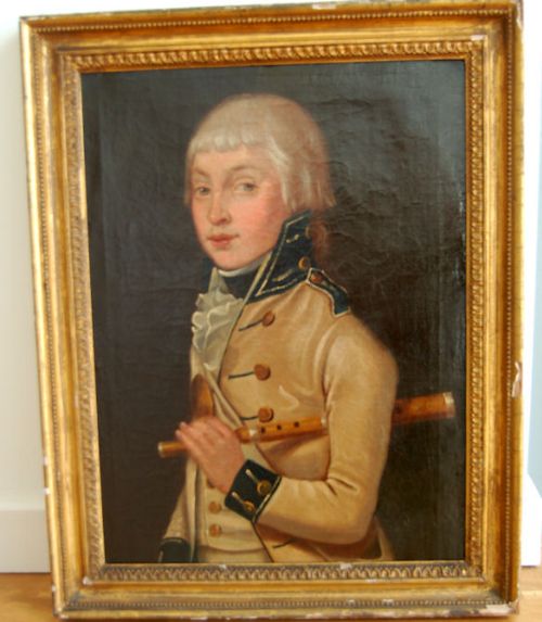 fig 1. An 18th-century oil painting depicting a young fifer in a cream military coat with dark blue facings holding a wooden flute.