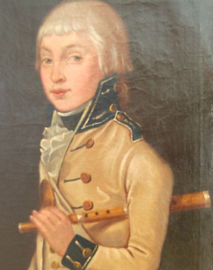fig 2. An 18th-century oil painting depicting a young fifer in a cream military coat with dark blue facings holding a wooden flute.