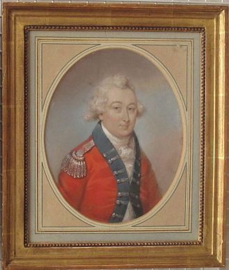 fig 1. An oval portrait miniature depicting an 18th-century British military officer with a powdered wig, wearing a scarlet red tunic with blue facings and silver epaulettes.