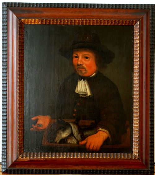 fig 1. A seventeenth-century Dutch oil painting depicting a man in a black hat and white collar seated beside a tray of fish while holding coins.