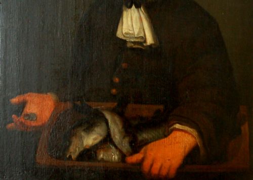 fig 2. A seventeenth-century Dutch oil painting depicting a man in a black hat and white collar seated beside a tray of fish while holding coins.