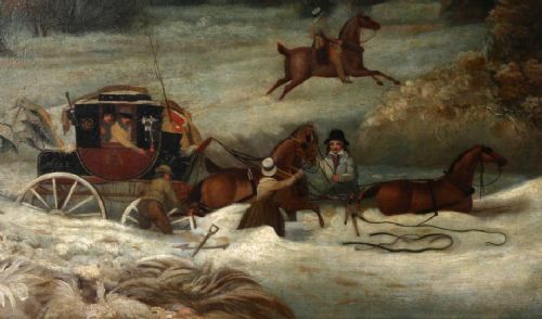 fig 1. An oil painting depicting a dark mail coach stuck in deep snow with horses and attendants struggling, while a figure rides off on horseback under a dark winter sky.