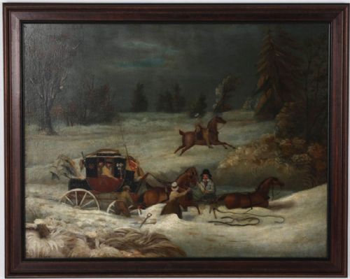 fig 2. An oil painting depicting a dark mail coach stuck in deep snow with horses and attendants struggling, while a figure rides off on horseback under a dark winter sky.