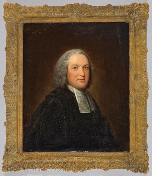 fig 1. An 18th-century oil portrait of a reverend depicted in a powdered wig, clerical bands, and black academic gown against a dark background.