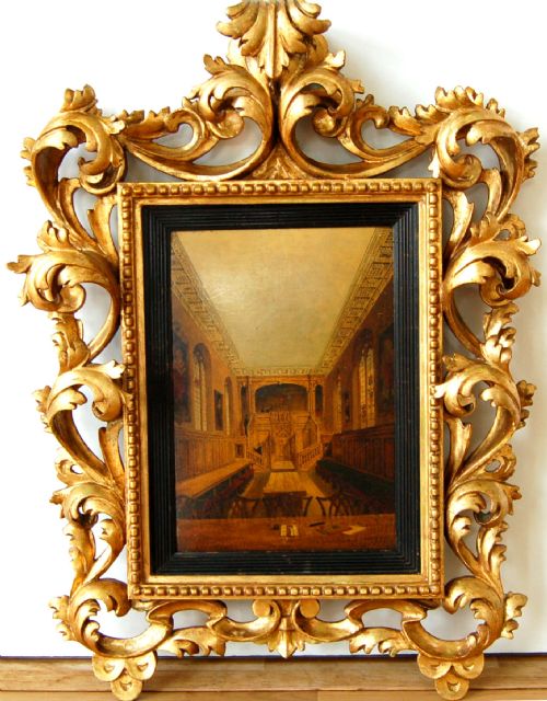 fig 1. An architectural oil painting depicting the perspective view of the panelled interior hall of Magdalene College, Cambridge, rendered in warm brown tones.