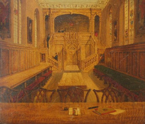 fig 2. An architectural oil painting depicting the perspective view of the panelled interior hall of Magdalene College, Cambridge, rendered in warm brown tones.