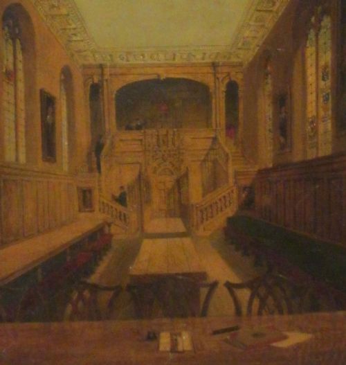 fig 3. An architectural oil painting depicting the perspective view of the panelled interior hall of Magdalene College, Cambridge, rendered in warm brown tones.