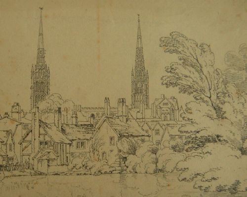 fig 1. An antique monochrome graphite drawing on cream paper depicting timber-framed houses along a waterfront with two church spires in the background.