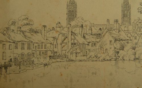fig 2. An antique monochrome graphite drawing on cream paper depicting timber-framed houses along a waterfront with two church spires in the background.