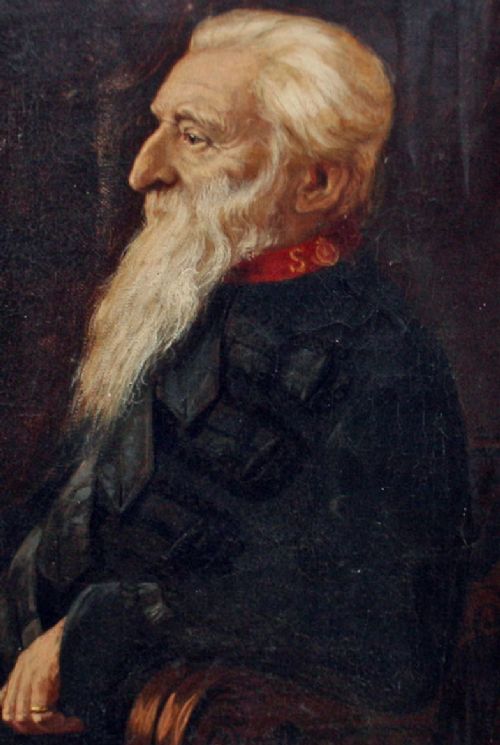 fig 1. A late Victorian oil portrait painting depicting an elderly gentleman with a long white beard in profile, wearing a dark uniform with a red collar.