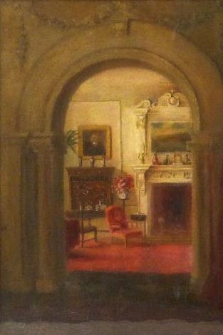 fig 1. A framed oil painting depicting a grand reception room interior framed by an archway, presented in an ornate gold gilt frame.