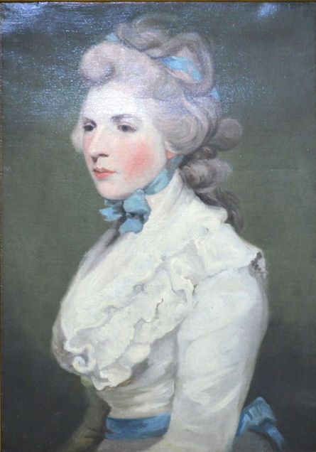 Studio of Sir Joshua Reynolds, Pra, 1723–1792
Portrait of Frances "Fanny" Kemble Mrs Twiss (1759-1822) in a White Dress with a Blue Neck Bow and Her Hair Tied with Blue Ribbon
