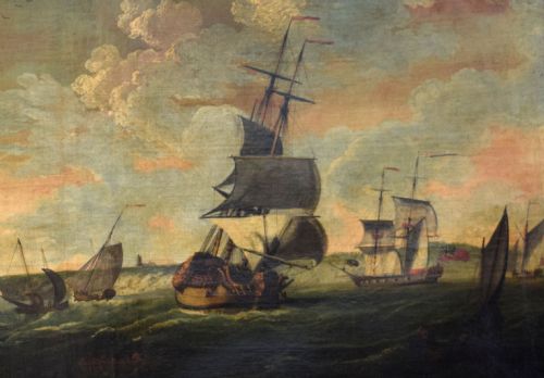 fig 1. An 18th-century maritime oil painting depicting wooden sailing frigates and coastal ships navigating choppy seas under a clouded sky off a chalk cliff coastline.