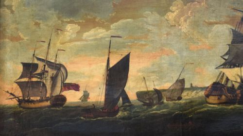fig 2. An 18th-century maritime oil painting depicting wooden sailing frigates and coastal ships navigating choppy seas under a clouded sky off a chalk cliff coastline.