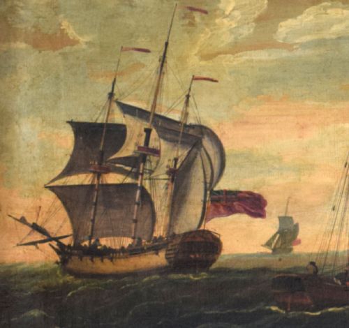 fig 3. An 18th-century maritime oil painting depicting wooden sailing frigates and coastal ships navigating choppy seas under a clouded sky off a chalk cliff coastline.