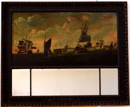 fig 5. An 18th-century maritime oil painting depicting wooden sailing frigates and coastal ships navigating choppy seas under a clouded sky off a chalk cliff coastline.