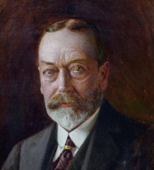 fig 3. A formal half-length oil portrait painting of King George V wearing a dark suit against a shaded brown background.