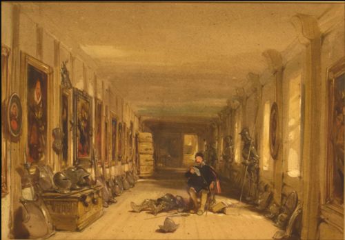 GEORGE CATTERMOLE 1800 1868A CAVALIER READING A DISPATCH IN A LONG GALLERY DECORATED WITH ARMOUR AND PAINTINGS - ADDITIONAL PHOTO 1