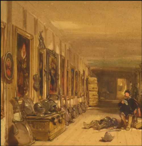 GEORGE CATTERMOLE 1800 1868A CAVALIER READING A DISPATCH IN A LONG GALLERY DECORATED WITH ARMOUR AND PAINTINGS - ADDITIONAL PHOTO 2