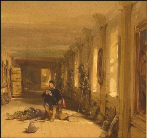 GEORGE CATTERMOLE 1800 1868A CAVALIER READING A DISPATCH IN A LONG GALLERY DECORATED WITH ARMOUR AND PAINTINGS - ADDITIONAL PHOTO 3