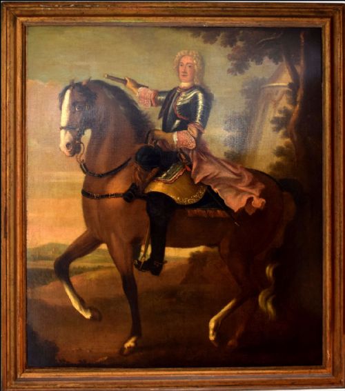 fig 1. A 17th-century oil painting depicting Prince Eugene of Savoy in plate armour riding a rearing brown horse against a landscape background.