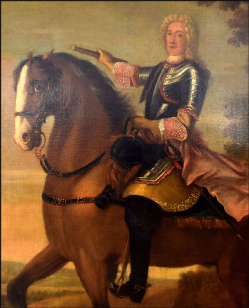 fig 2. A 17th-century oil painting depicting Prince Eugene of Savoy in plate armour riding a rearing brown horse against a landscape background.