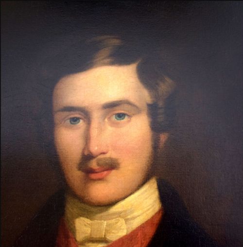 fig 1. A Victorian portrait oil painting depicting Prince Albert wearing a dark coat, white neckcloth, red ribbon, and honours against a dark brown background.