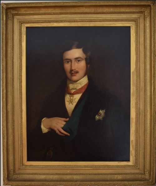 fig 3. A Victorian portrait oil painting depicting Prince Albert wearing a dark coat, white neckcloth, red ribbon, and honours against a dark brown background.