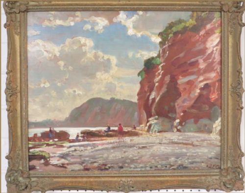 fig 1. An impressionist oil painting depicting red sandstone cliffs on a pebble beach at low tide with figures and clouds.