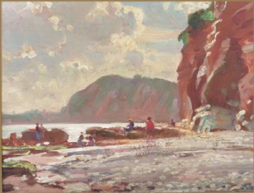 fig 2. An impressionist oil painting depicting red sandstone cliffs on a pebble beach at low tide with figures and clouds.