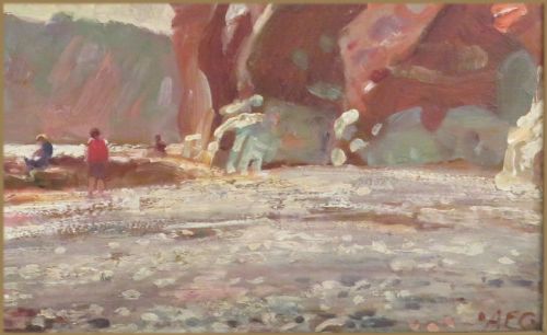 fig 3. An impressionist oil painting depicting red sandstone cliffs on a pebble beach at low tide with figures and clouds.