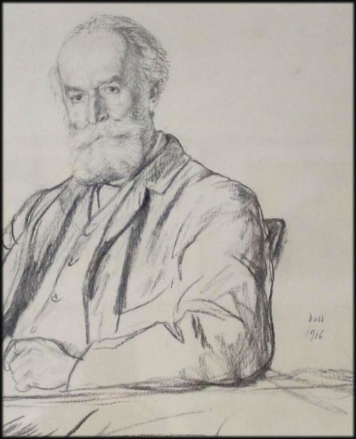 fig 1. An antique monochrome charcoal portrait drawing on paper depicting a bearded gentleman seated at a table.