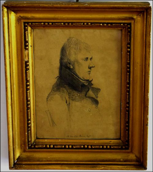 fig 1. A profile portrait sketch in dark graphite on aged brown paper depicting a gentleman in a high-collared coat.