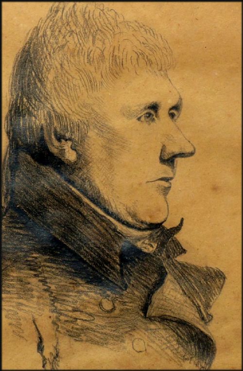 fig 3. A profile portrait sketch in dark graphite on aged brown paper depicting a gentleman in a high-collared coat.