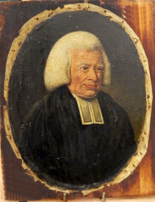fig 1. An 18th-century oval oil painting depicting an elderly man in a white wig and black clerical robes against a dark background.