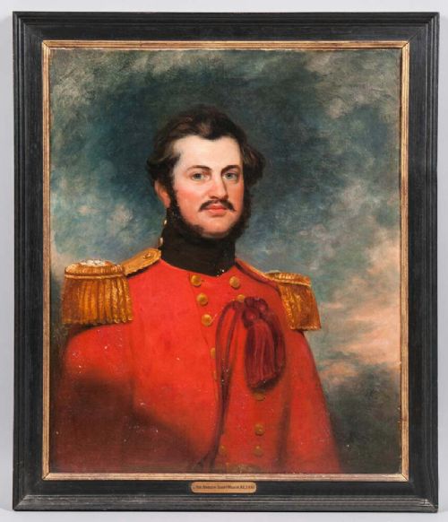 fig 2. A 19th-century oil portrait painting depicting a male military officer in a scarlet red coat with gold epaulettes.