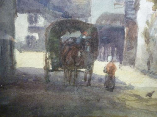 fig 1. A watercolour painting depicting a village street scene in Porlock, featuring thatched cottages, a horse-drawn carriage, and an inn.