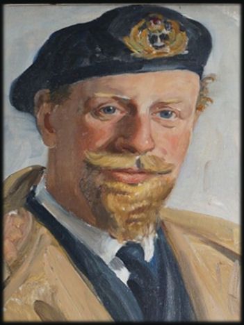 fig 1. An oil painting depicting a mid-20th-century Royal Navy officer wearing a cap with naval badge and a beige coat, signed by Maurice Codner in the upper right corner.