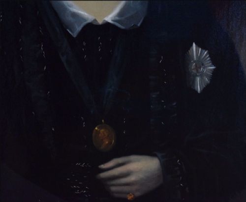 fig 1. An antique oil portrait on canvas showing a half-length depiction of a man in dark clothing with a star decoration against a crimson background.