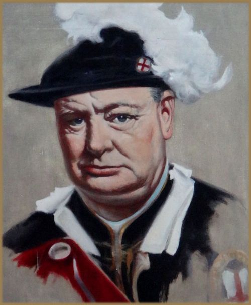 fig 1. A mid-20th century oil portrait depicting Sir Winston Churchill wearing a black Order of the Garter velvet hat with white plumes and ceremonial robes.