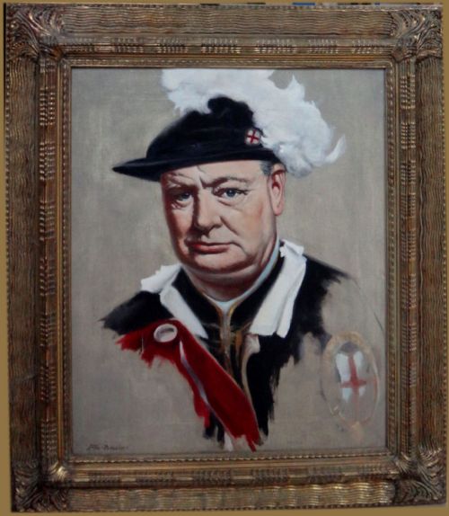 fig 3. A mid-20th century oil portrait depicting Sir Winston Churchill wearing a black Order of the Garter velvet hat with white plumes and ceremonial robes.