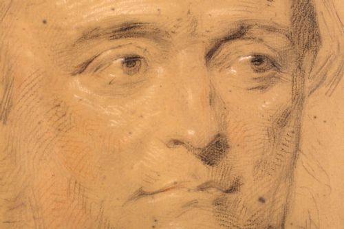 fig 1. A monochromatic Victorian portrait sketch in black chalk on warm brown paper depicting a gentleman in three-quarter profile.
