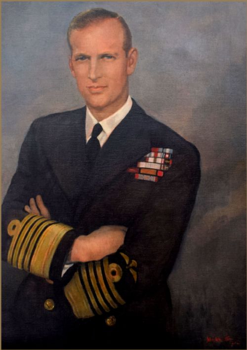 fig 2. A mid-20th-century oil portrait of Prince Philip in a dark navy blue Admiral of the Fleet naval uniform with gold lace cuffs against a muted blue background.