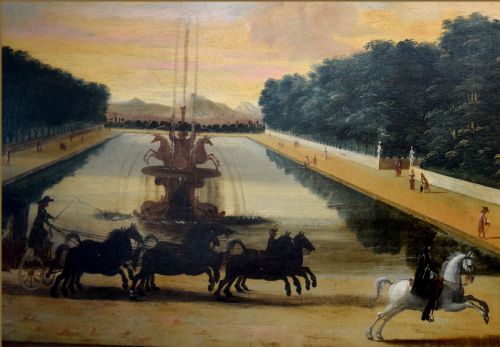 fig 2. An 18th-century oil painting depicting a royal carriage with horses passing an ornamental lake and fountain at the Chateau de Marly.