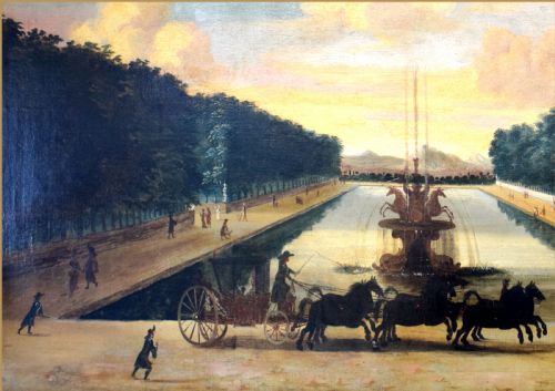 fig 3. An 18th-century oil painting depicting a royal carriage with horses passing an ornamental lake and fountain at the Chateau de Marly.