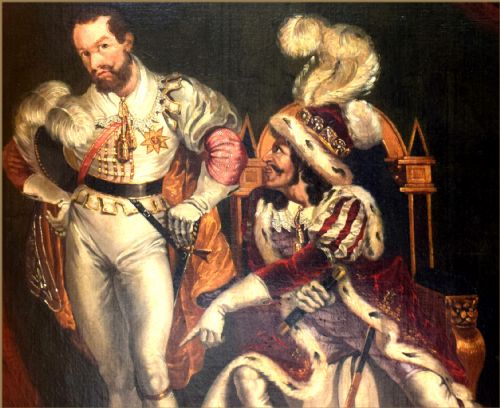 fig 2. An oil painting depicting two men in elaborate 19th-century theatrical costumes, with one seated wearing a feathered cap and the other standing in a white doublet against red drapery.