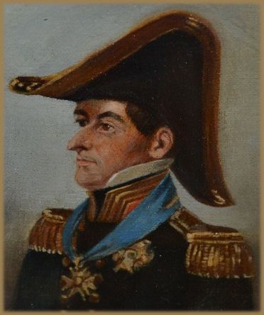 fig 1. An oval oil portrait depicting a 19th-century naval officer in a dark blue uniform with gold epaulettes and a bicorne hat.