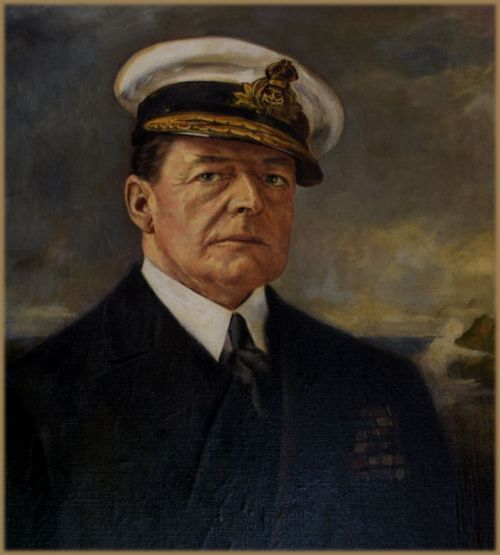 fig 1. An oil portrait depicting Admiral of the Fleet David Beatty wearing a navy coat and white peaked cap against a cloudy seascape backdrop.