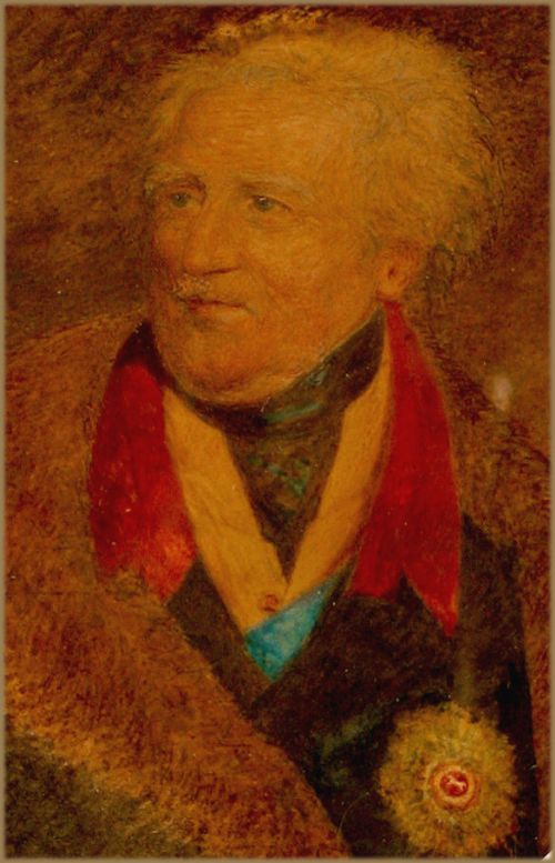 fig 1. An oval Regency portrait miniature depicting an elderly man with white hair, a fur collar, and a military star medal against a dark brown background.