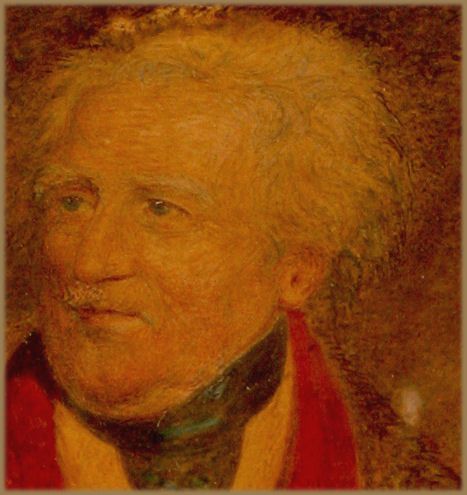 fig 2. An oval Regency portrait miniature depicting an elderly man with white hair, a fur collar, and a military star medal against a dark brown background.